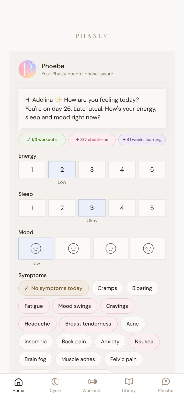 Phasly daily check-in screen