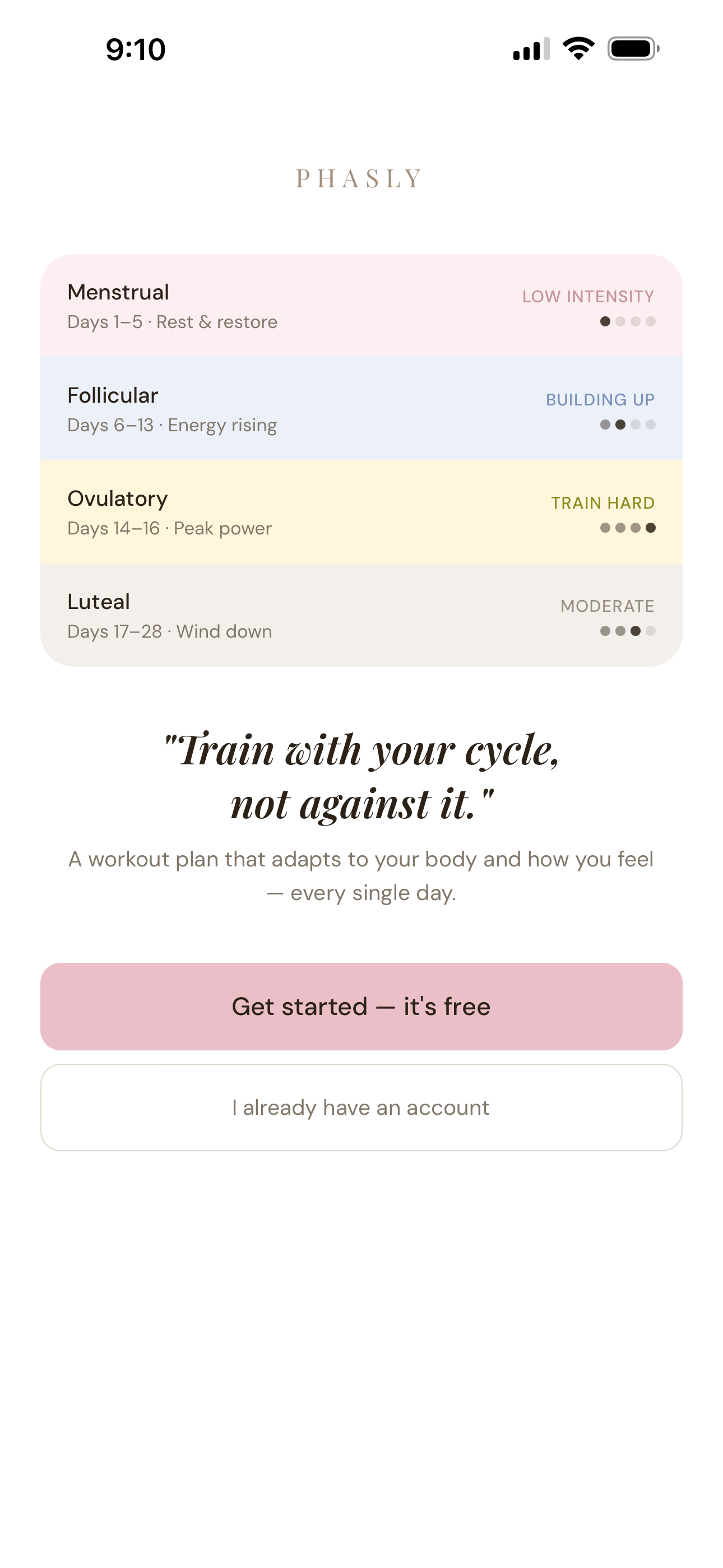 Phasly home screen showing cycle phases and personalised training intensity